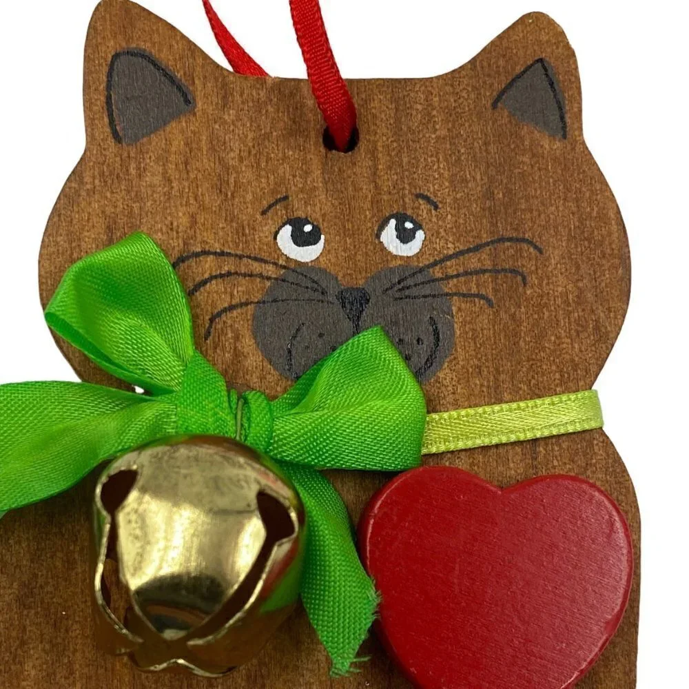 Cat Ornament Vintage Kurt Adler Wooden Christmas Ornament 1988 with Heart Rustic